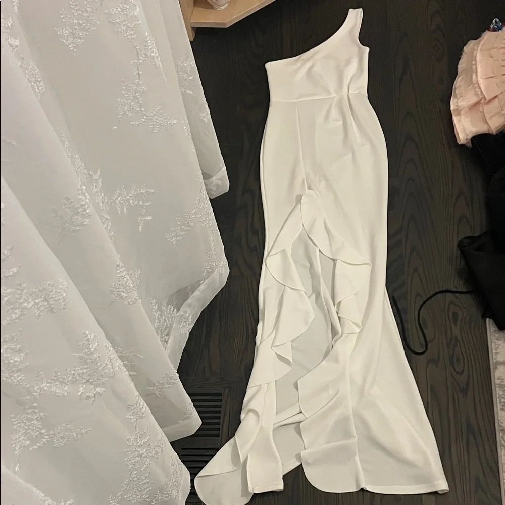 PrettyLittleThing White One-Shoulder Ruffle Gown - Picture 1 of 1